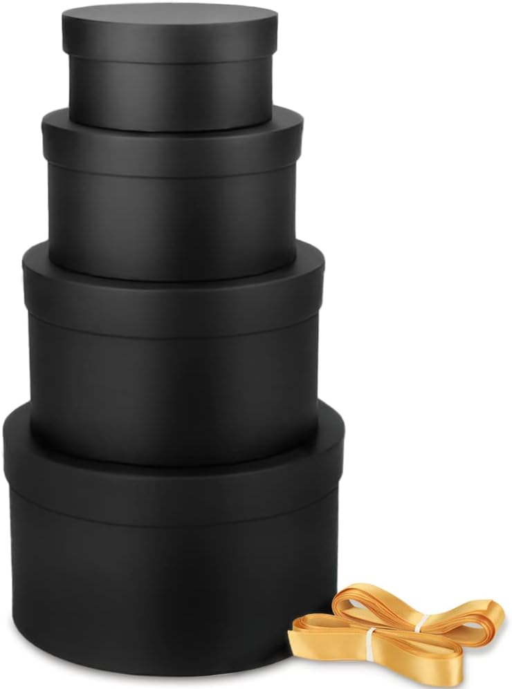 Round Gift Box Black Gift Boxes with Lids for Presents 4 Packs Luxury Nesting Gift Boxes Small with 17ft Ribbon for Bridesmaid Valentines Mother's day Graduation