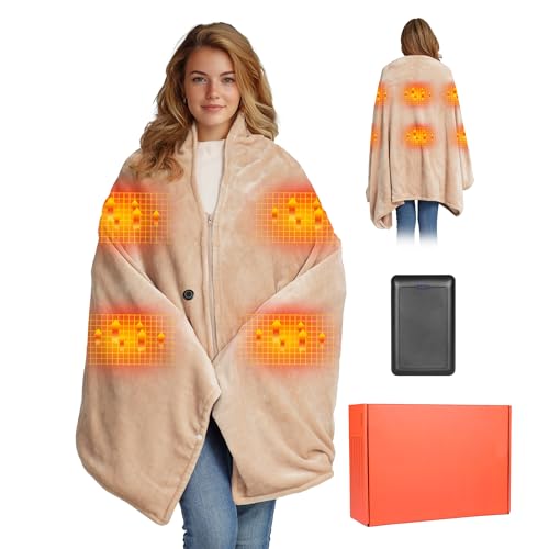 Moteoza Manta Eléctrica Inalámbrica con 10000mAh Batería, 160x90cm Manta Térmica USB de Franela para Exteriores, Camping, Hogar, Oficina, Sofá, 3 Niveles de Calor, 6 Zonas de Calor, Lavable(Caqui)
