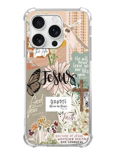 Coque chrétienne iPhone 16 Pro Max beige à motif de fleurs et verset biblique en TPU