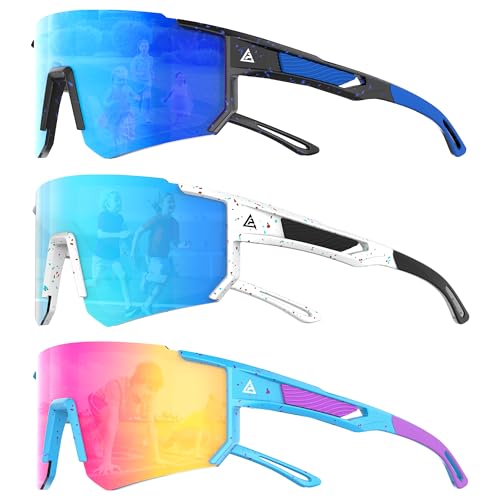 QALLY 3 Pack Kids Sunglasses Youth Baseball Sunglasses for Boys Girls Age 4-14, Cycling Softball Running UV400 Protection Sports