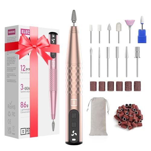 Image of Mfish Professional Nail Drill Kit, Electric Nail File for Acrylic /Gel Nails,12 Bits, Adjustable Speeds, Portable Cordless Electric Nail Tools for Home & Salon Use