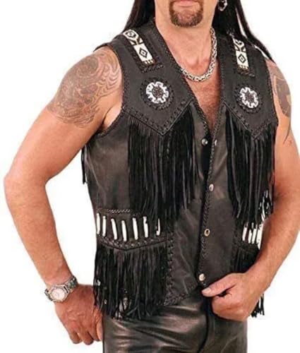 Western Suede Leather Vest Men Native American Fringe Vest Vintage Cowboy Waistcoats Tassels, Beaded & Braids