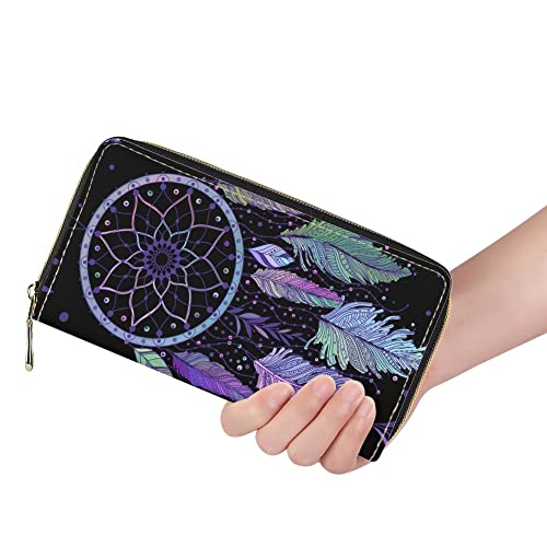 Joaifo Purple Dream Catcher Feathers Print Women Wallet Long Coin Purse Clutch Cell Zipper Phone Storage Case #TOP1