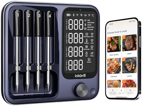 Wireless Meat Thermometer with APP Control，4 Probes Meat Thermometer Digital, Unlimited Range WiFi & Bluetooth Meat Thermometerfor for Rotisserie，Grill，Oven，Smoker，BBQ, Air Fryer