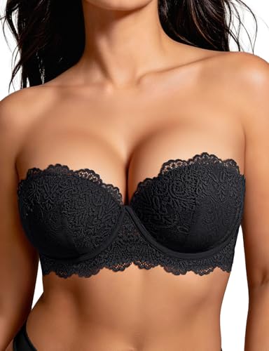 Image of Strapless Push Up Bra Heavily Padded Add Cup Balcony Multiway Bras | Non-slip Sexy Lace Convertible Bras with Clear Straps & Wired Support for Small Breast