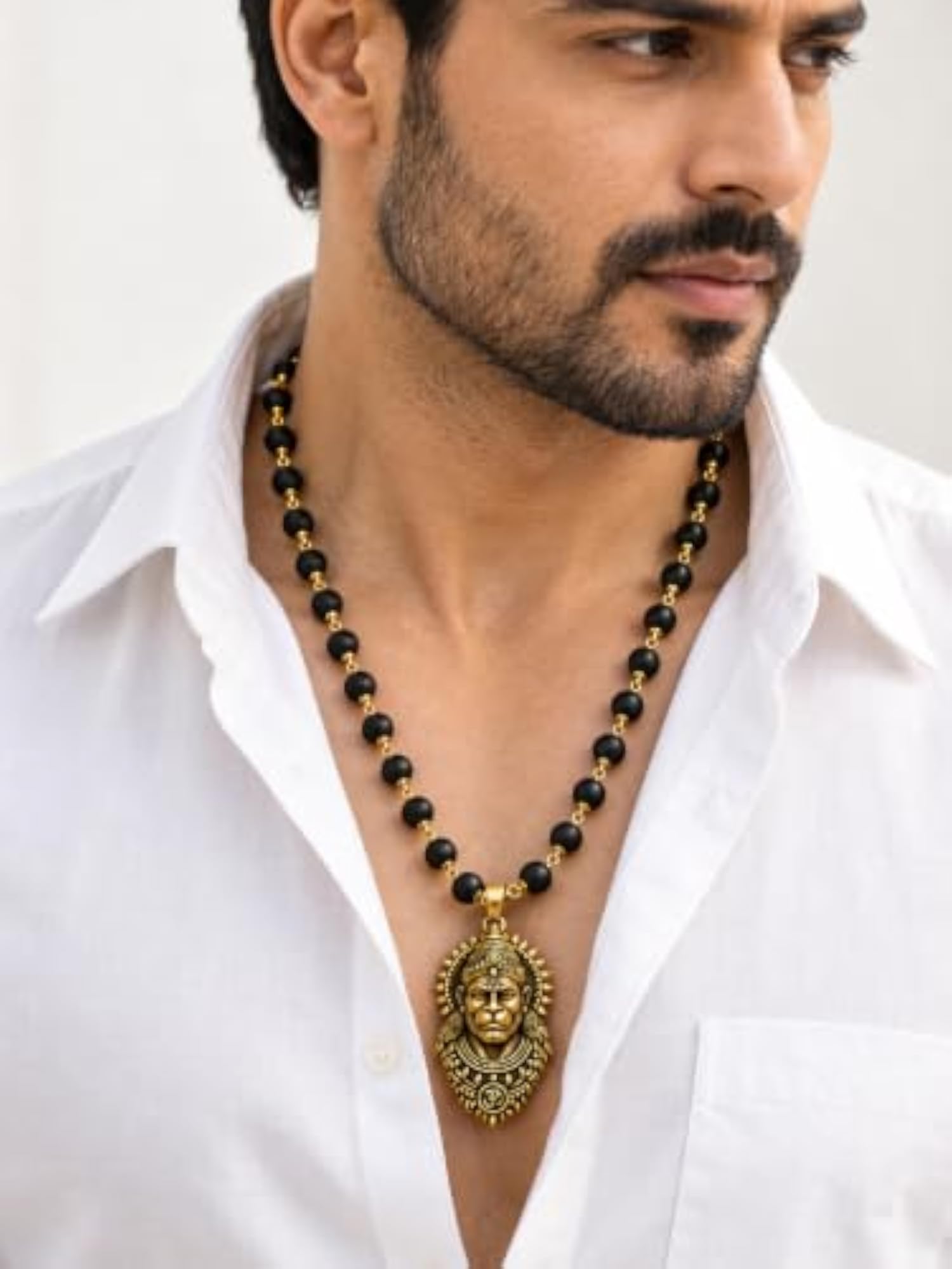 Hanuman Pendant Mala Necklace for Men & Women, Black Beaded