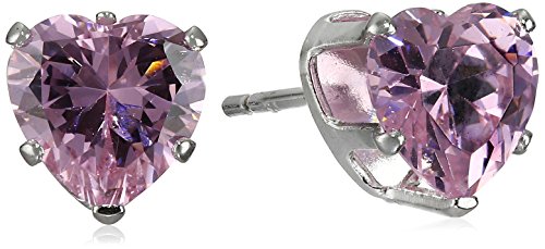 Amazon Collection Sterling Silver Pink Cubic Zirconia Heart Stud Earrings