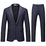 Mens Pinstripe Suits 2 Piece Slim Fit Casual Tuxedo Suit for Men One Button Jacket Blazer Pants for Business Wedding Navy