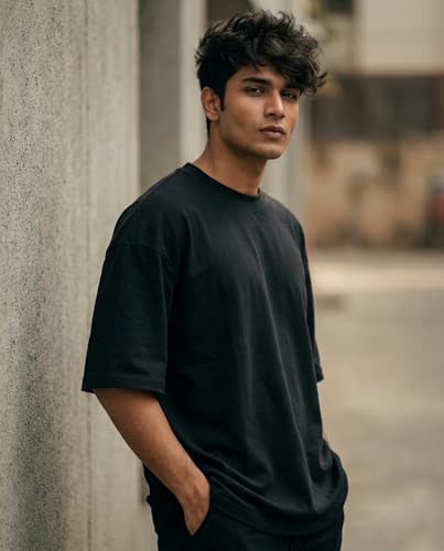 Image of Cotton Blend Oversized Solid T-Shirt for Men & Women | Round Neck Half Sleeve | Relaxed Fit | Lightweight & Breathable T- shirts for Casual Outings & Travel