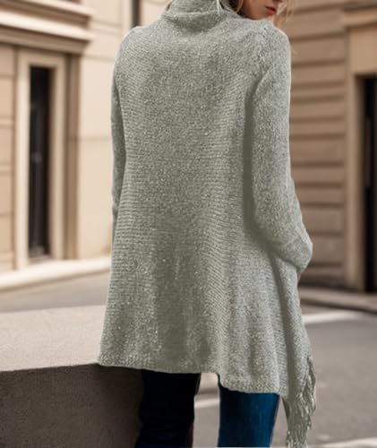 Image of Women's Open Front Knited Tassels Slash Loose Cardigan Crew Neck Speckled Fringe Sweater Outwear