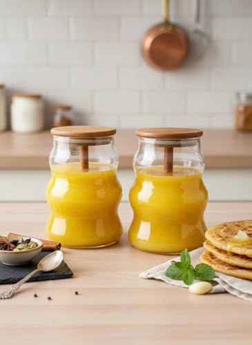 Image of SUANI Air Tight Honey Glass Jar with Wooden Dipper and Bamboo Lid | Transparent Borosilicate Honey Jar | Clear Jar for Honey, (500ml) (Pack Of 2)