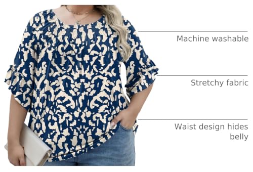 Image of Micoson Womens Plus Size Tops 3 /4 Ruffle Sleeve Crewneck Pleated Shirts
