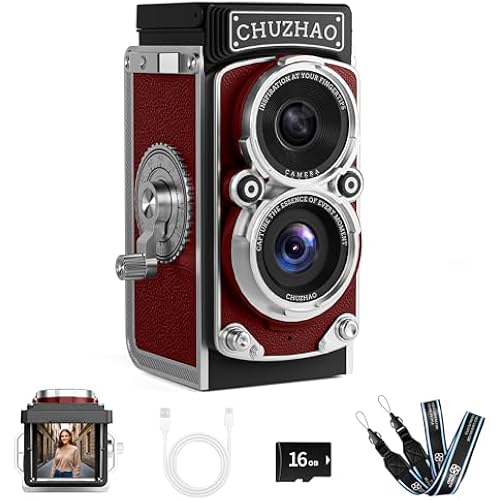CHUZHAO Mini Retro Digital Camera - Vintage TLR Style Point and Shoot Auto Focus Vlogging Camera, Compact & Portable, 16GB Card Included, Ideal for Beginners, Teens, Adults Red