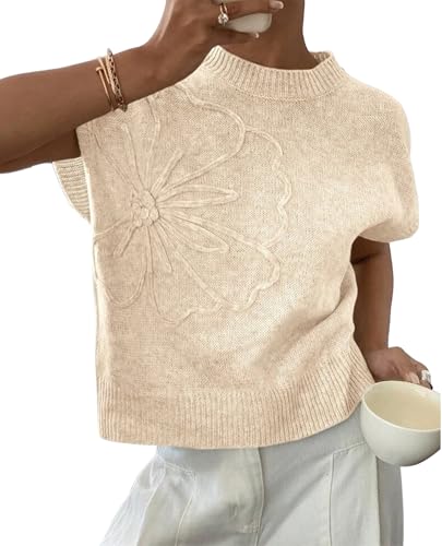 Women Casual Sweater Vest Summer Cap Sleeve Ribbed Pullover Tank Tops Trendy Floral Knitwear Cute Outfits