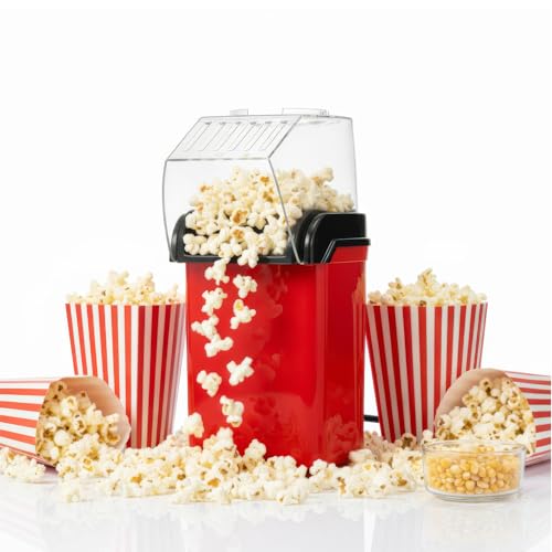 FERNVALE Hot Air Popcorn Maker Electric 1200W Popcorn Machine with Measuring Cup Oil-Free Healthy Popcorn Popper for Home Quick One-Touch Homemade Snack Maker Red