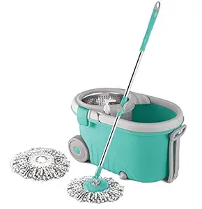 Spotzero by Milton Royale Steel Wringer Spin Mop with Big Wheels (Aqua Green, 2 Refills)