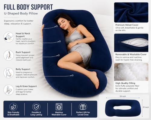 Image of Full Body Pillows for Sleeping Cooling Pregnancy Pillow,U Shaped Pregnancy Body Pillow for Women,Maternity Pillows for Pregnant Women with Removable Washable Velvet Cover Navy Blue
