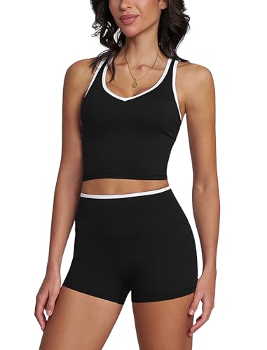 ABOCIW Workout Sets for Women 2 Piece Color Block V Neck Racerback Tank Top Built in Bra High Waist Shorts