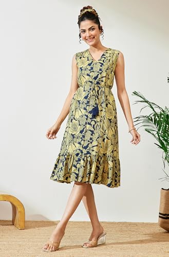 Image of Janasya Women's Cotton Ethnic Motifs Flared Western Dress
