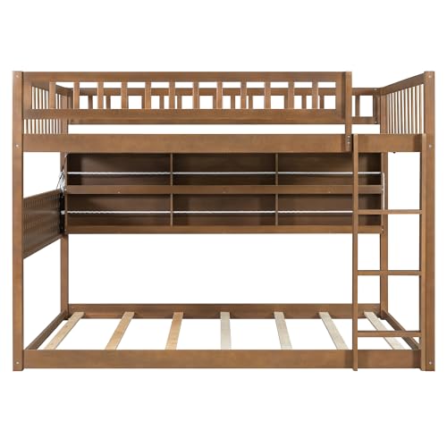 Full Over Full Wooden Bunk Bed with Storage Shelf, Pegboard Panel, Built-in Light Strip, Full-Length Guardrails, Space Saving Solid Wood Bed Frame, Platform Bed with Slat Support, Bedroom, Brown by Noble House Home Furnishings - Used condition - Image 7