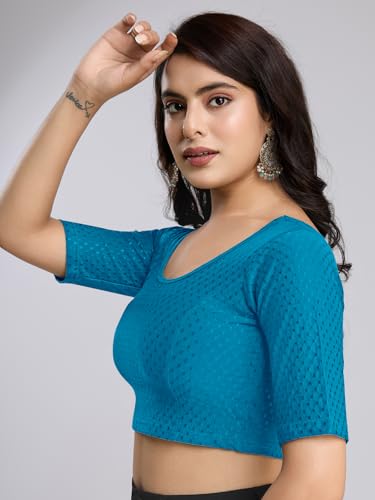 Image of TRENDMALLS Women's Dobby Pure Cotton Elastin Stretchable Readymade Round Neck Elbow Length Sleeves Blouse Choli Stylish Saree Blouse Ready to Wear