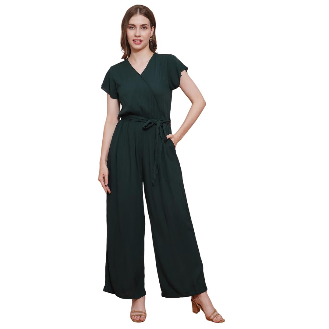globus Women Wrap Neck Cap Sleeves Waist Tie-Up Wide-Leg Jumpsuit-picture-33