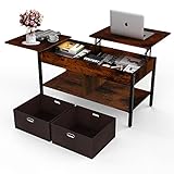 ORGXpert Lift Top Coffee Table with Storage Shelf & 2 Canvas Baskets Set, Rustic Wood Dinning Table...