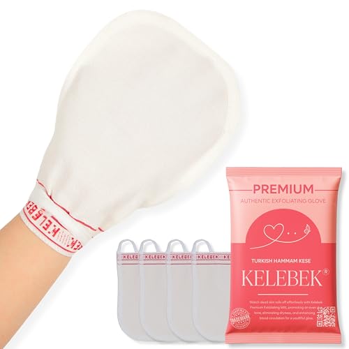 Set of 4 - Kelebek Premium Exfoliating Mitt | Deep Cleansing Bath Gloves for Women and Man | Natural Turkish Hammam Keesa for Body Scrub & Dead Skin Removal (Medium-Textured)
