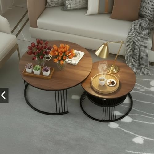 Image of Modern Nesting Table Set of 2 - Round Coffee Table with Engineered Wood Top & Metal Frame, Side Tables for Living Room, Bedroom & Lounge (Black & Brown, L-51x48 cm, S-41x41 cm)