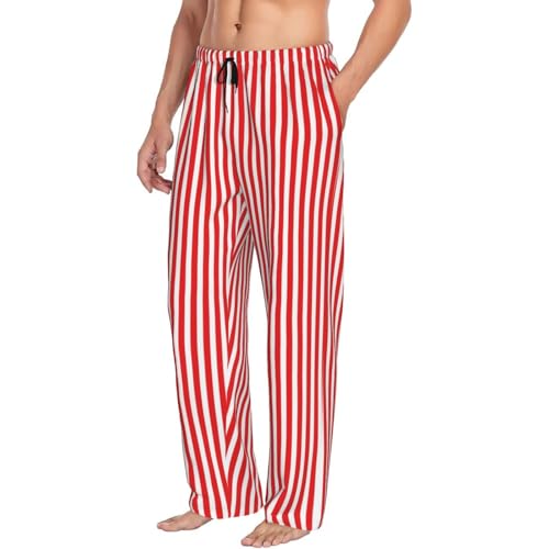 Red And White Stripes Print Men'S Pajama Pants Soft Sleep Lounge Pants With Pockets-2