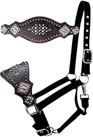 Showman Bronc Halter w/Alligator Print Leather Noseband & Rhinestones