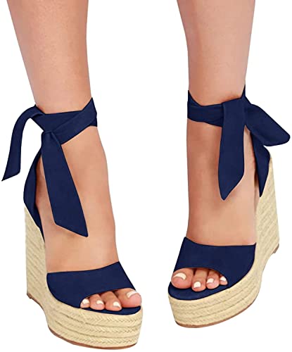 Image of SERAIH Womens Lace up Espadrilles Platform Wedges Sandals Heels Tie Ankle Strap Summer Dress Shoes