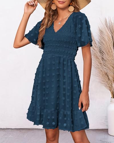 BTFBM Womens Beach Vacation Dress Summer 2025 V Neck Short Sleeve Smocked Swiss Dot Cute Ruffle Casual Fall Mini Dresses2