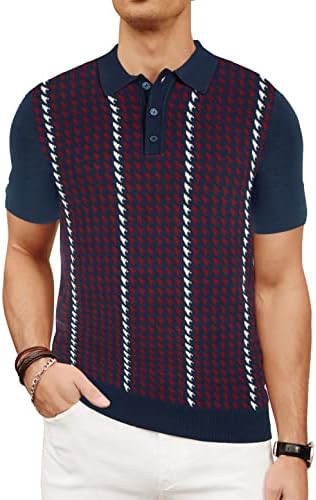 Men's Knit Polo Shirts 50s Retro Houndstoothd Shirt Italian Button Down Polos Casual Breathable Vintage Sweater Royal Blue