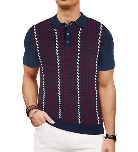 Men's Knit Polo Shirts 50S Retro Houndstoothd Shirt Italian Button Down Polos Casual Breathable Vintage Sweater Royal Blue #TOP4