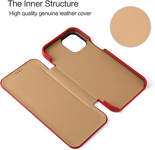Étui en cuir véritable pour iPhone 14 Pro avec rabat aimanté élégant rouge chic