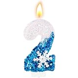 LEBERY Blue Snowflake Number 2 Birthday Candle Frozen Themed Birthday Cake Candles Glitter Number 2 Candle Cake Topper Blue Snow Winter Holiday Candles for Kids Adults Birthday Wedding Party Supply