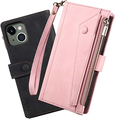 Étui portefeuille iPhone 14 Pro Max marron avec fermeture éclair porte-cartes
