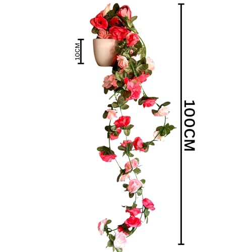 Image of Dekorly Artificial Hanging Garland with Pot - 100cm Rose Vine, 10cm Decorative Pot for Table, Shelf & Wall Decor (2)