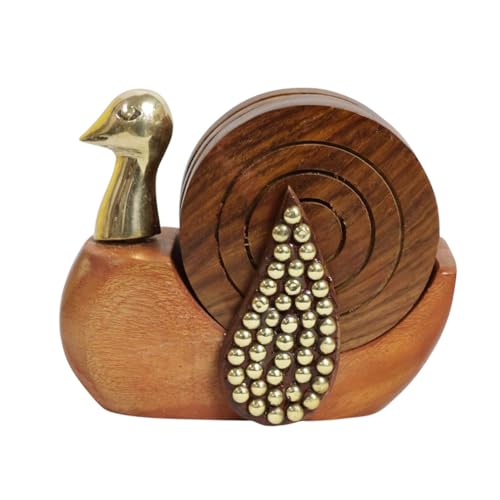 Image of Saras Aajeevika 6 Pc Set of Handmade Wooden Round Curved Coaster /Coster with Brass Kettle Shape Holder for Kitchen Decor Hot Pots, Tea Cups, Coffee Mugs, Glasses Coaster Sets (Design 2)
