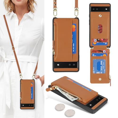 Poche en cuir avec fermeture éclair et bandoulière sur étui Pixel 6a pour ne plus rien perdre