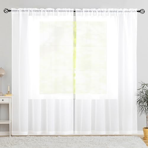 Karseteli Semi Voile White Sheer Curtains 84 Inches Long 2 Panels Rod Pocket Window Treatment for Living Room Bedroom Dining Room(White 70″ W x 84″ L)