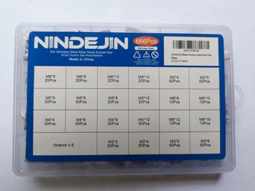 NINDEJIN 666 Stück Madenschraube Sechskantkopf Inbusschraube Sortiment, M2 M3 M4 M5 M6 M8 Gewindestifte mit Schraubenschlüssel, Sechskantschrauben für Türgriffe Wasserhähne Knöpfe Halterungen