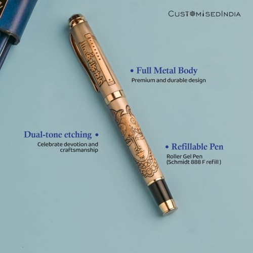 Image of Lord Shrinathji Etched Pen - Premium Brass Roller Pen with Divine Krishna Engraving & Gold Finish