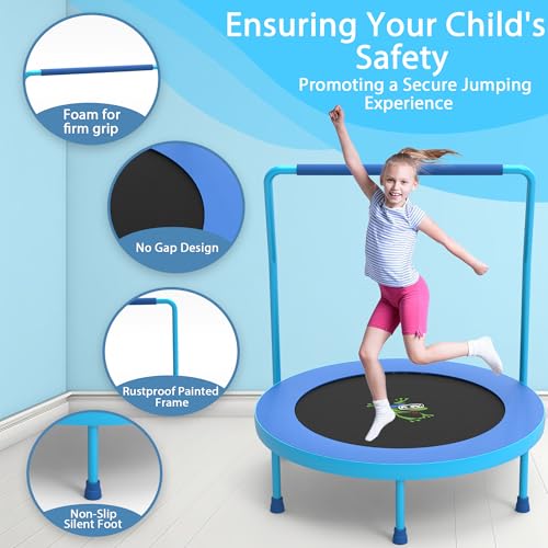 3FT Foldable Kids Trampoline, 36'' Indoor & Outdoor Mini Trampoline for Toddlers, Max Capacity 220 LBS, Adjustable Handlebar, Quiet & Safe Design