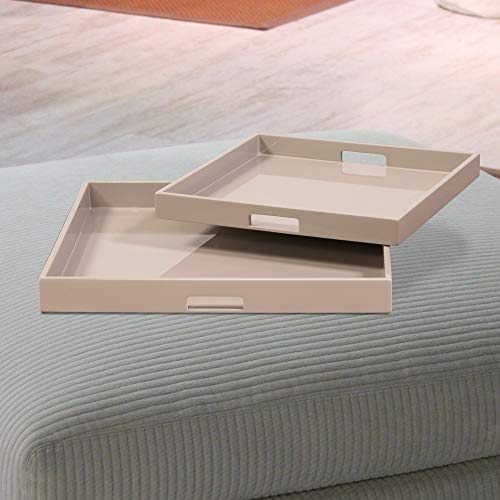 Image of Howard Elliott Collection Premium Wooden Serving Tray with Handle, Glossy Taupe Finish Decorative Square Wood Tray Set Platters for Ottoman, Breakfast, Parties, Weddings, 20 x 20 Inch