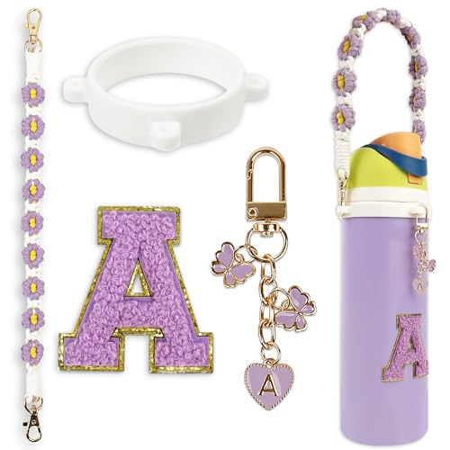 Cute Letter Charm Set with Secure Handle Strap, Silicone Ring, Monogram Sticker and Personalized Decoration for Owala Compatible Water Bottle, Travel Carry, School, Gift and Daily Use (Purple, A)