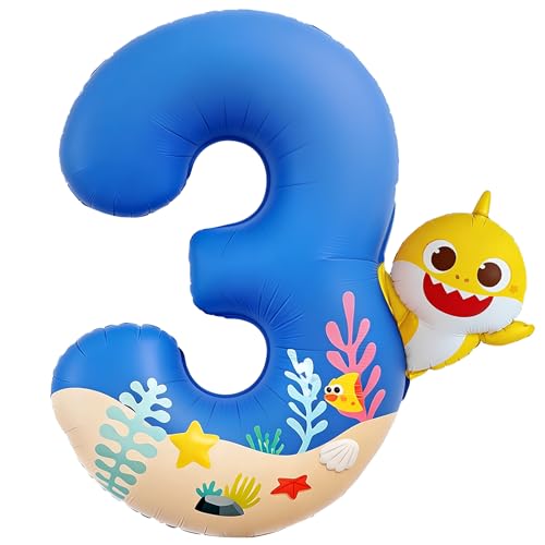 Image of PartyWoo Baby Shark Blue Foil Number 3 Balloon 40 Inch Blue Mylar Helium Birthday Number Balloons for Boys and Girls Baby Shark Under the Sea Ocean Theme Kids Third Birthday Party Decorations