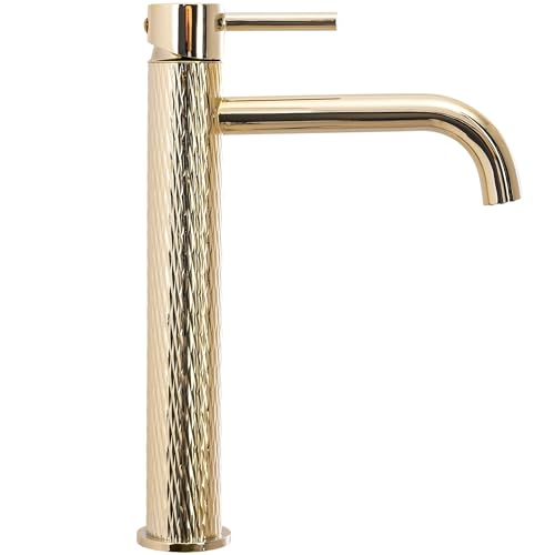 Rea Lungo Art Gold Rubinetto Lavabo Alto Miscelatore Da Bagno In Ottone Monocomando Rubinetto Lavamani Regolabile Caldo E Freddo (Oro) - 2