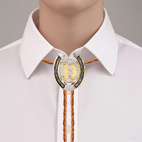 Image of Bolo tie for Men Western Cowboy Brown Leather Necktie Gold Initial Letter ABCDJMR to Z Bolo ties for Women